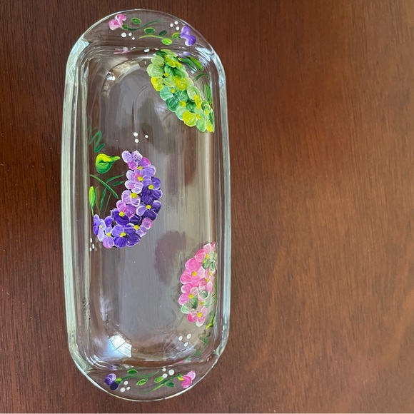 Vintage Hand Painted Flowered Glass Butter Dish With Lid - Picture 3 of 7